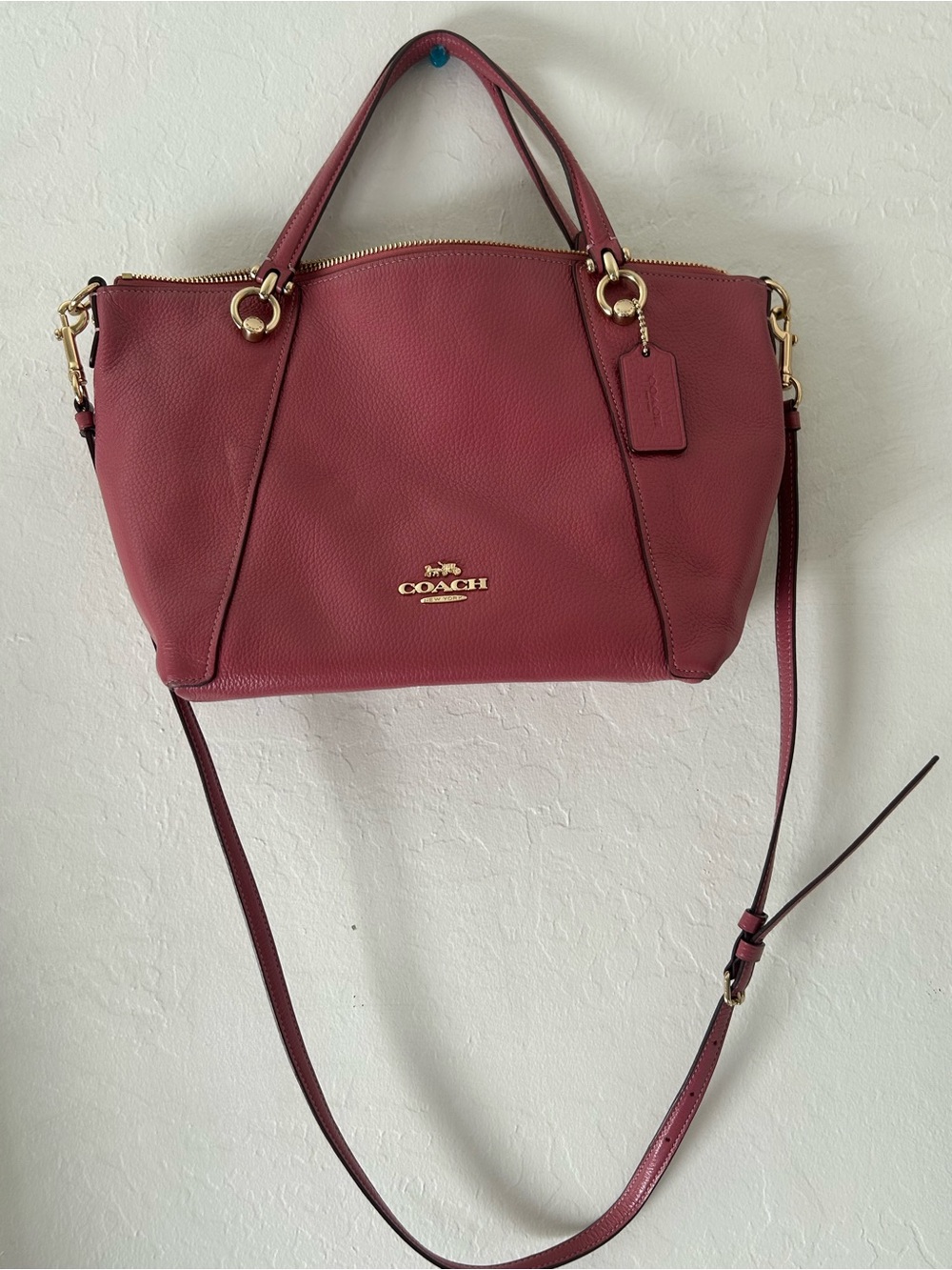 Coach Pebbled Leather Crossbody Satchel in Burgundy with Gold Hardware